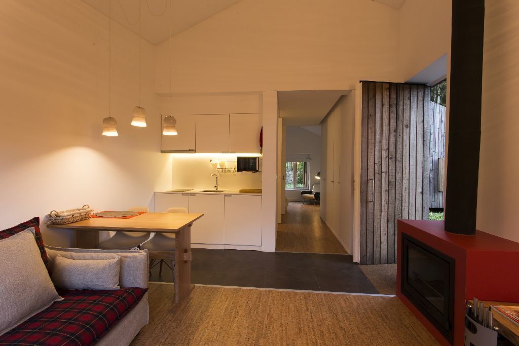 A compact living space with a kitchenette, a sofa, a dining table, and a fireplace.