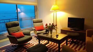 Una televisión, un reproductor de DVD, libros