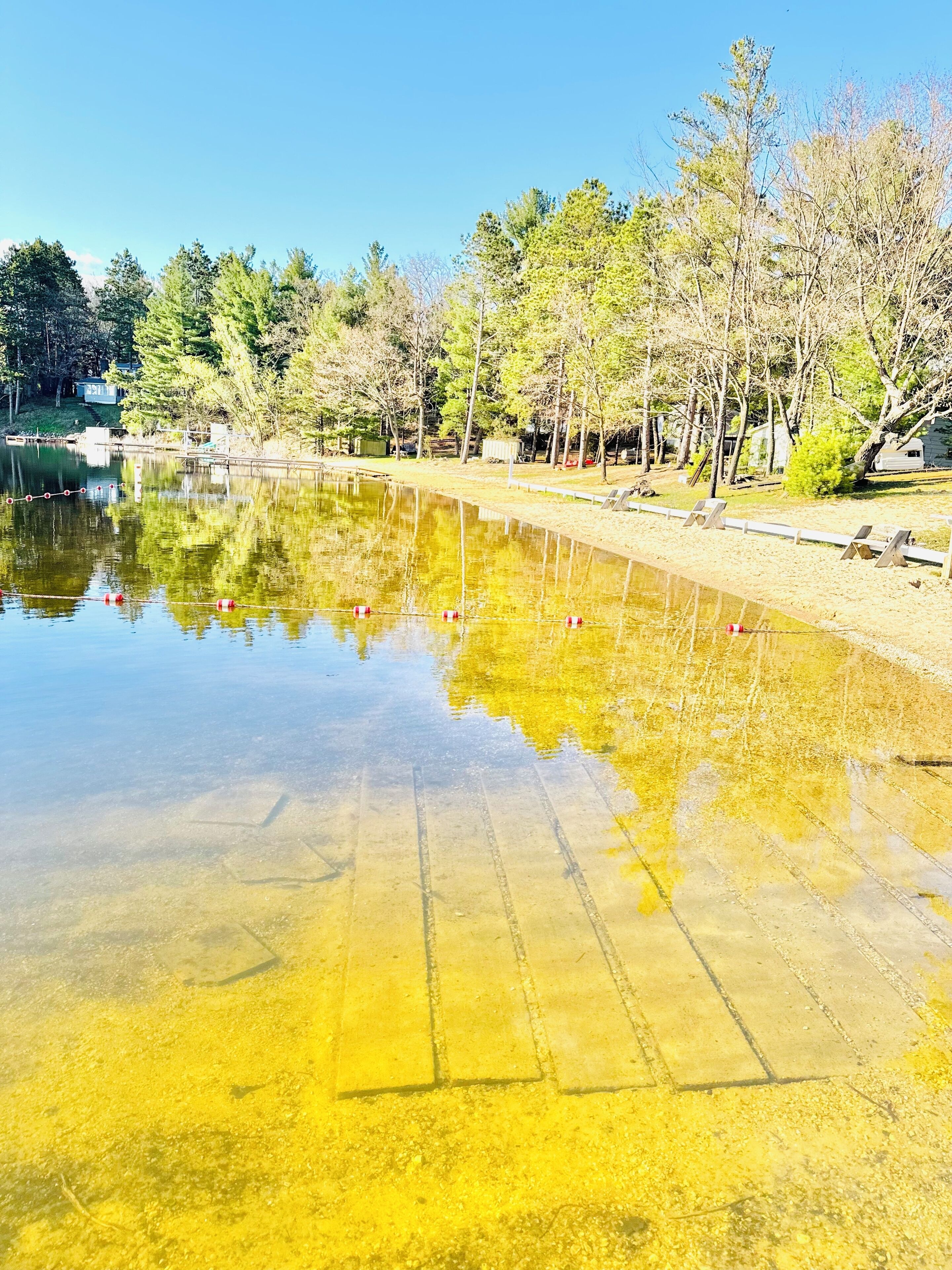 Ein klarer See mit einer hölzernen Anlegestelle, umgeben von Bäumen und einer Rasenfläche.