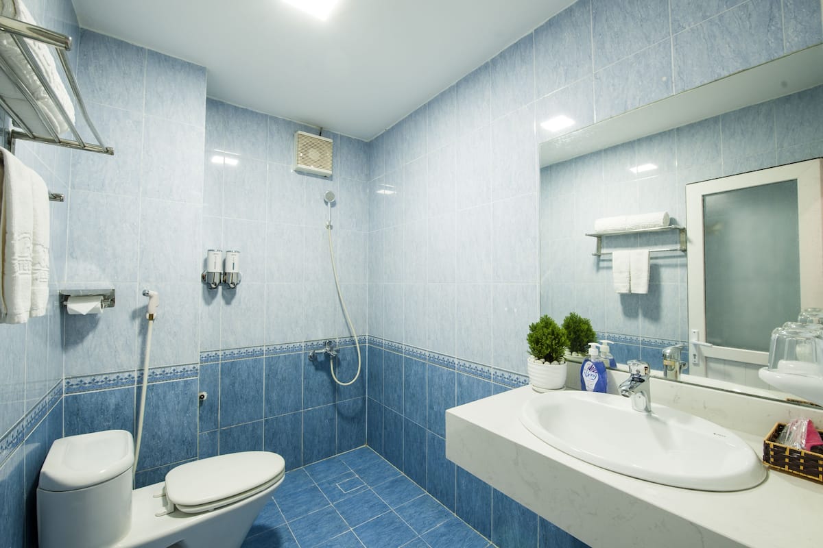 Shower, free toiletries, hair dryer, slippers