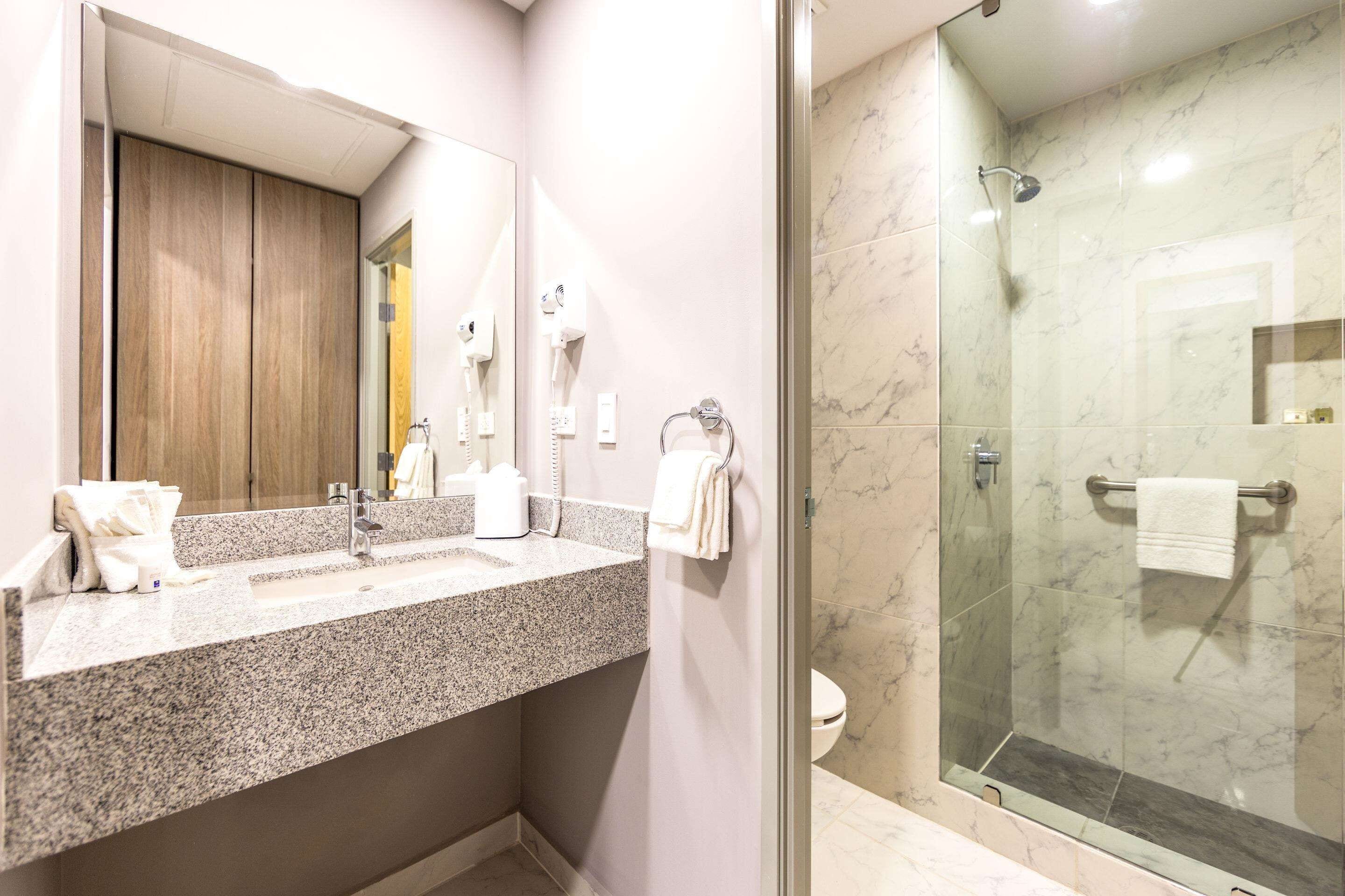 A bathroom with a granite countertop sink, a mirror, a towel rack, and a glass-enclosed shower area.