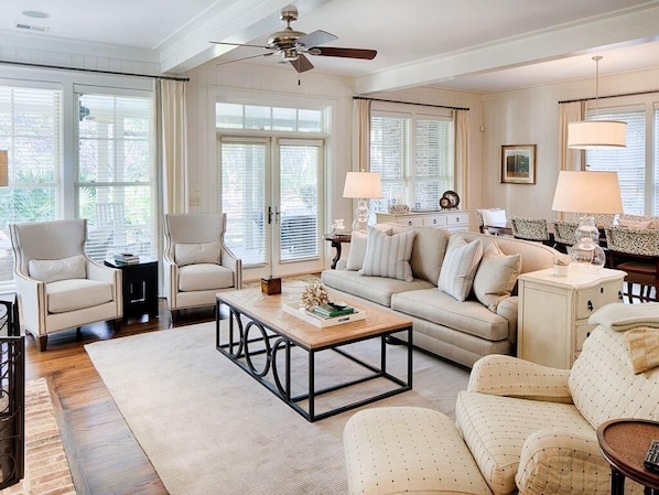 Smart TV, fireplace, books, printers