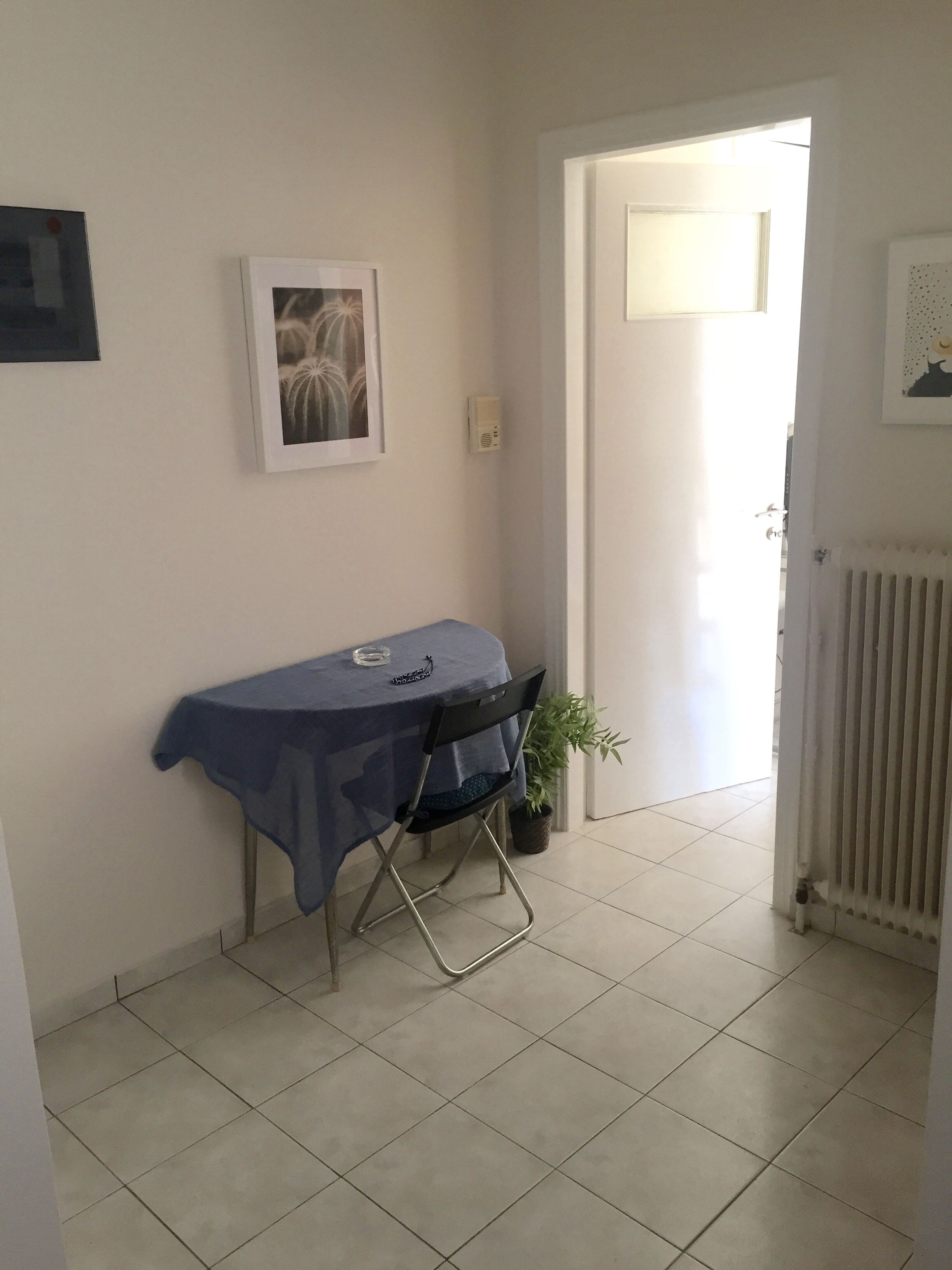 A room with a table covered by a blue cloth, a chair, a potted plant, and a radiator.