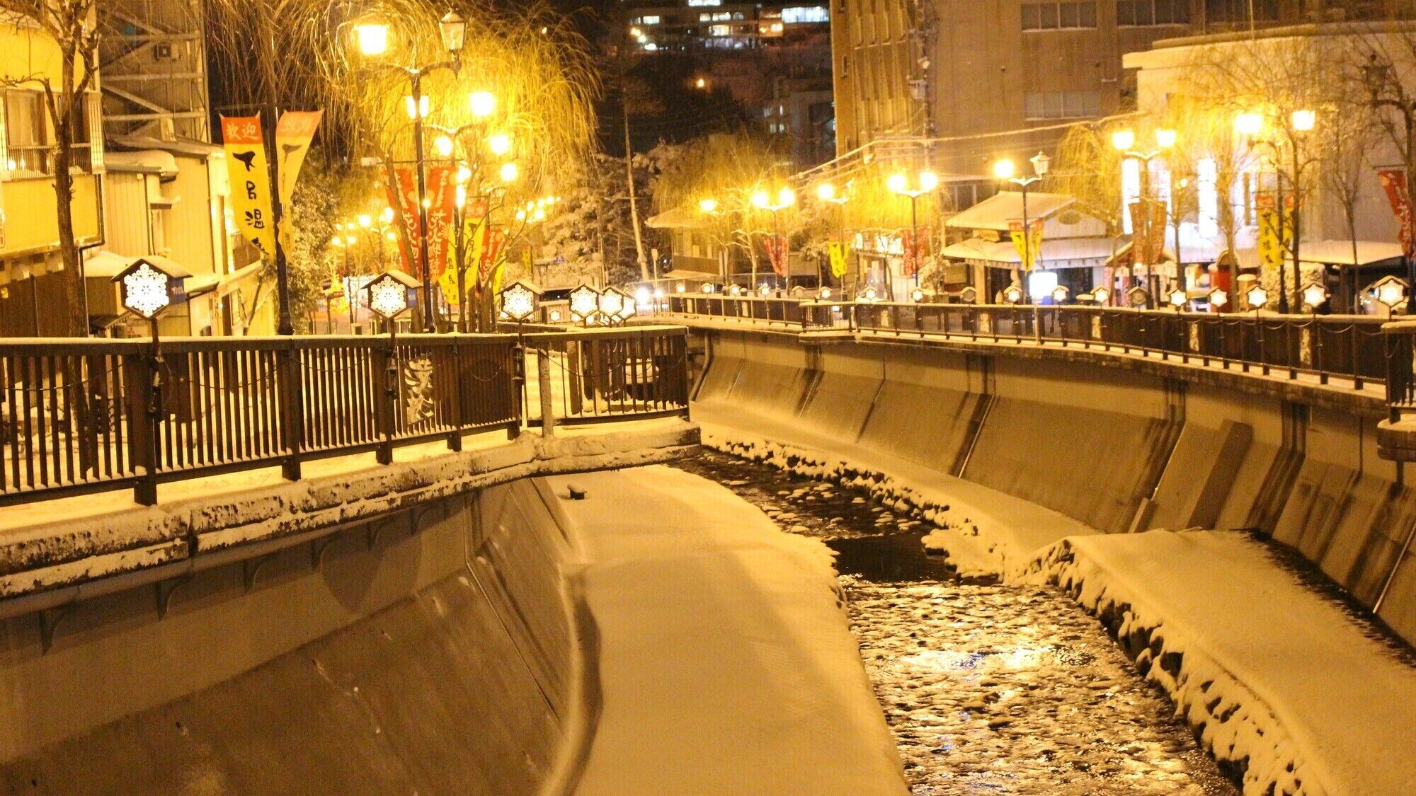 A nighttime view of a snow-covered bridge with street lamps and buildings in the background.