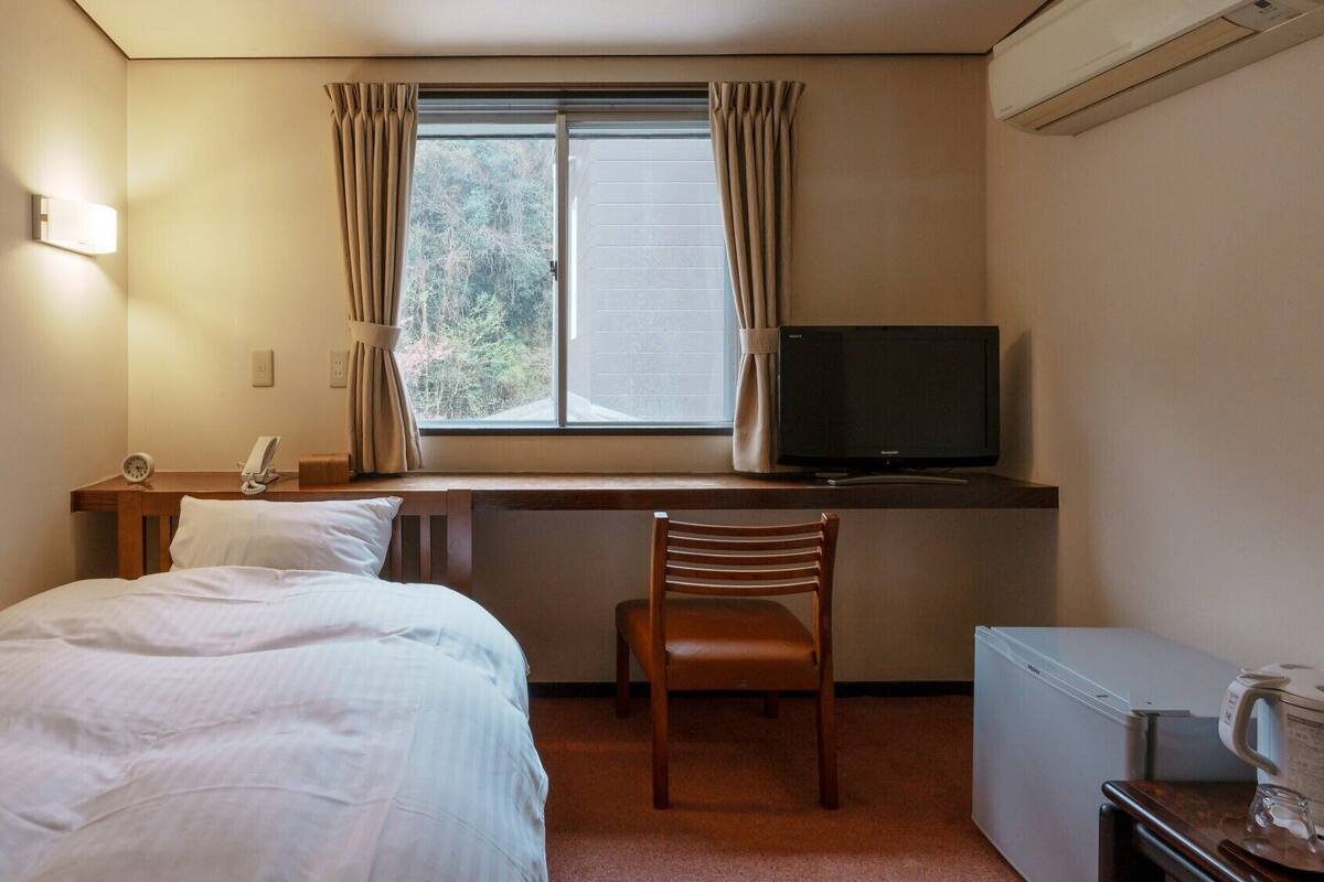 Ein Hotelzimmer mit Bett, Schreibtisch mit Fernseher, Sessel, Nachttisch mit Telefon und einer Kaffeemaschine.