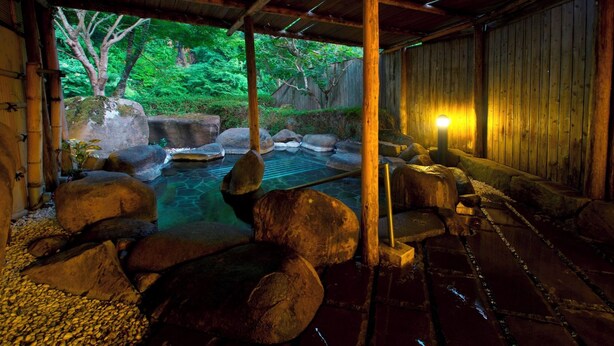 A traditional Japanese onsen with a wooden interior, a stone hot spring, and a view of lush greenery outside. - Mimata Onsen Nagomi Yuyado Kanagi (Hamada)
