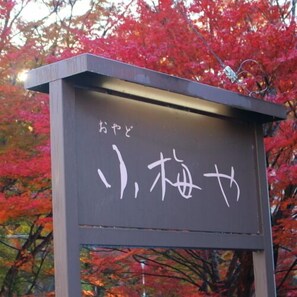A sign with Japanese characters on a dark background, surrounded by autumn foliage.