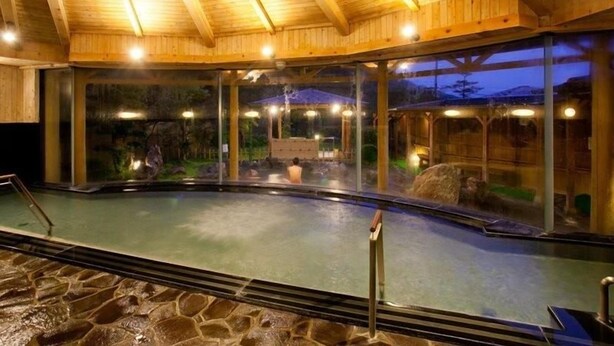 An indoor swimming pool with a wooden ceiling and glass walls. - Ichinomata Onsen Grand Hotel (Shimonoseki)