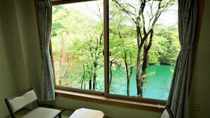 Una habitación con un ventanal grande, una silla y vistas a un bosque y un lago.
