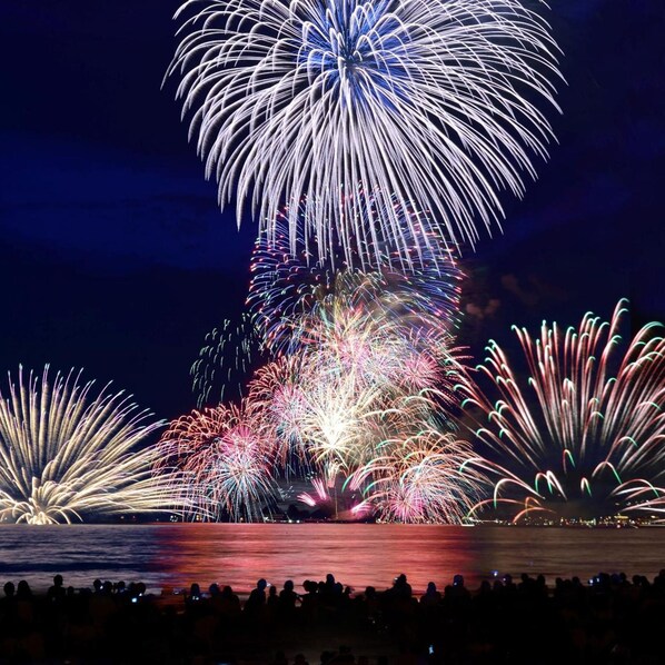 Un spectacle de feux d’artifice nocturne au-dessus d’une étendue d’eau, avec les silhouettes des spectateurs au premier plan.