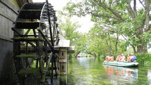 A water wheel structure with a wooden platform, surrounded by trees and a calm river. - Village Azumino (Azumino)