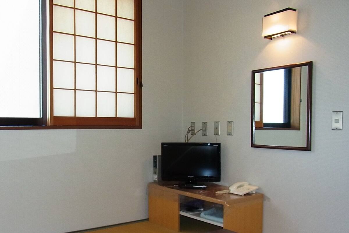 Ein Zimmer mit Fernseher auf einem Holzboden, einem Spiegel an der Wand und einem großen Fenster mit Gitterstruktur.