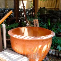 Un tazón de terracota grande con un tubo de bambú, rodeado de follaje y rocas.
