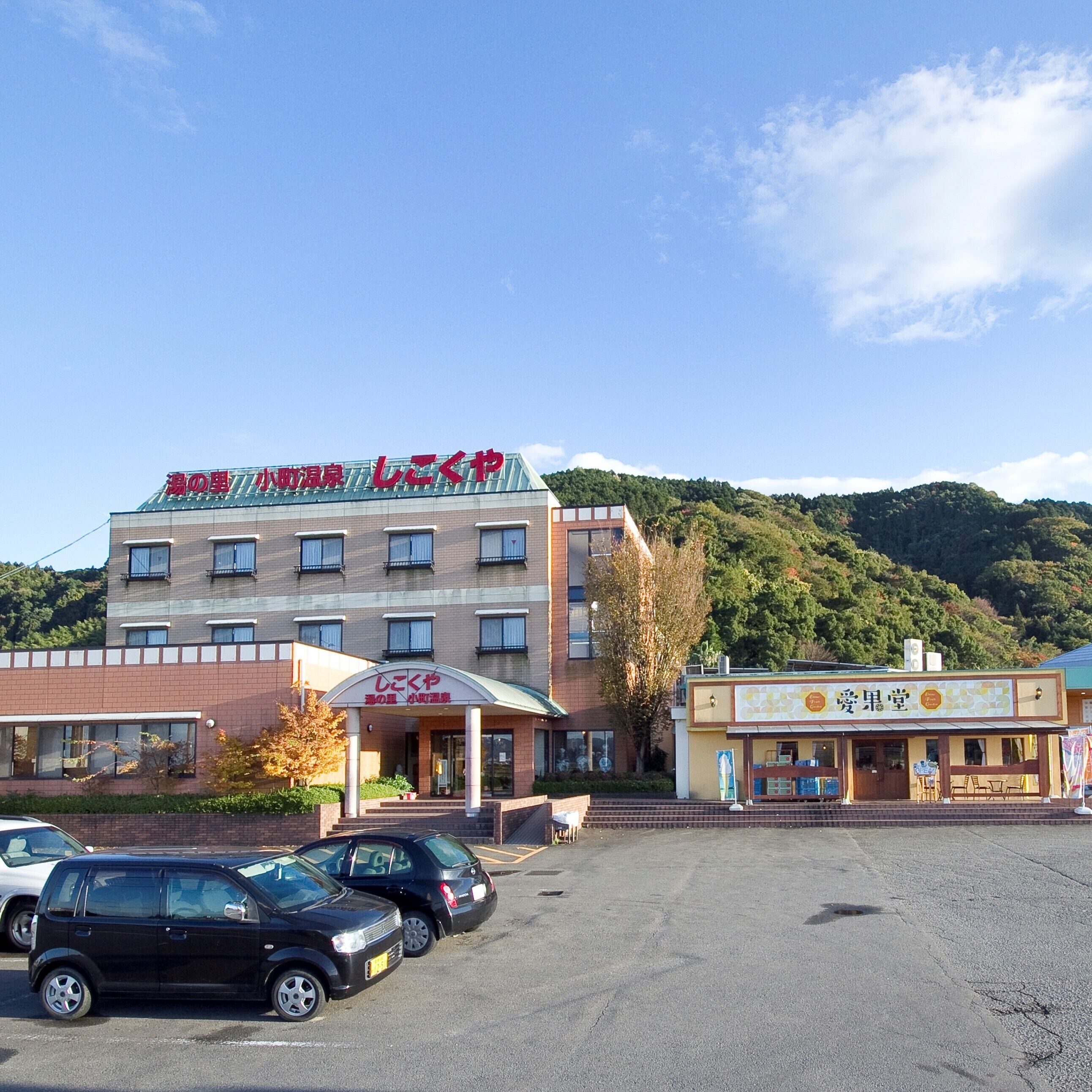A hotel with a multi-story building, a covered entrance, and a parking lot with cars.