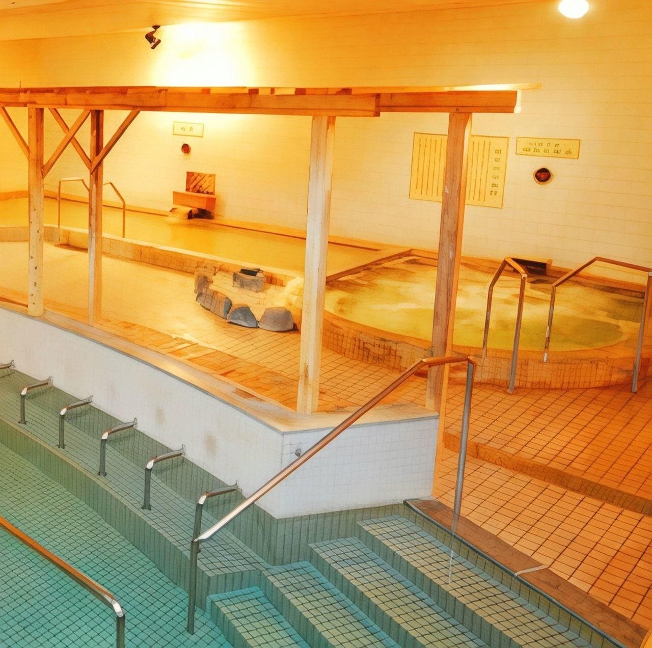 Un onsen japonais traditionnel, avec des bancs en bois et un espace de baignade en pierre.