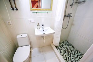 Une salle de bain avec des toilettes, un lavabo et une douche.