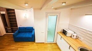 A compact living space with a kitchenette, a blue sofa, and a wooden floor. - Apartments 1 min to Opera House (Lviv)