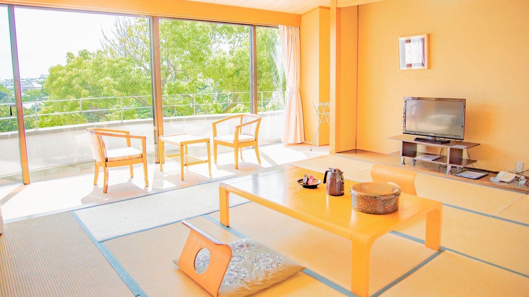 A modern living room with tatami flooring, a television, and a balcony with a view of trees.