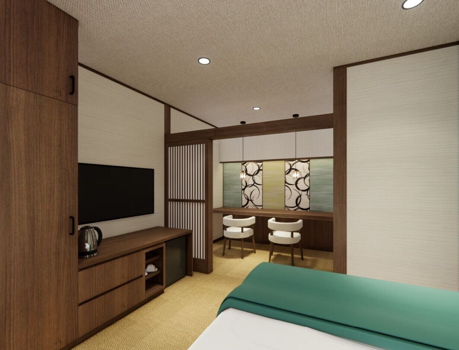 Quarto moderno com cama, televisão, escrivaninha e cadeiras, além de janela com painéis decorativos.