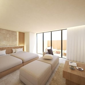A modern hotel room with a large bed, a sofa, a desk, and a view through a large window.