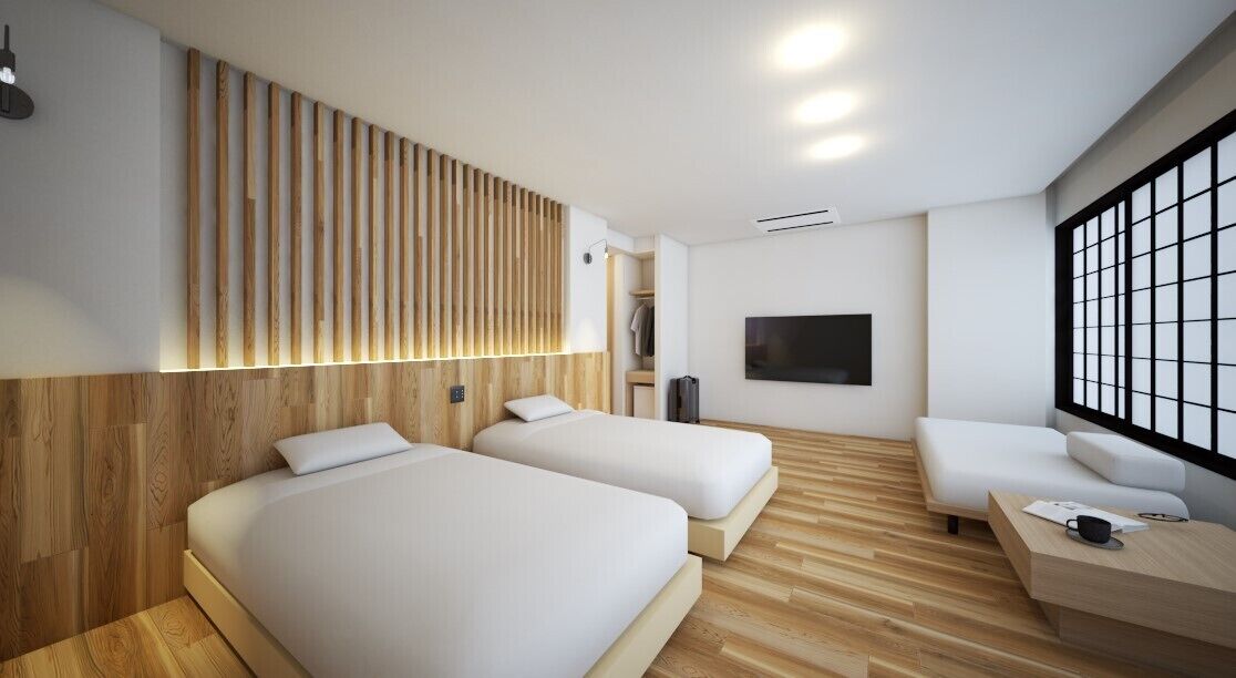 A modern hotel room with two beds, a TV, and a large window.