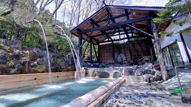 A traditional Japanese onsen with a wooden bath, a stone pathway, and a wooden structure with a roof. - Itamuro Onsen Okunasu Taishomura Sachinoyu Onsen (Nasushiobara)