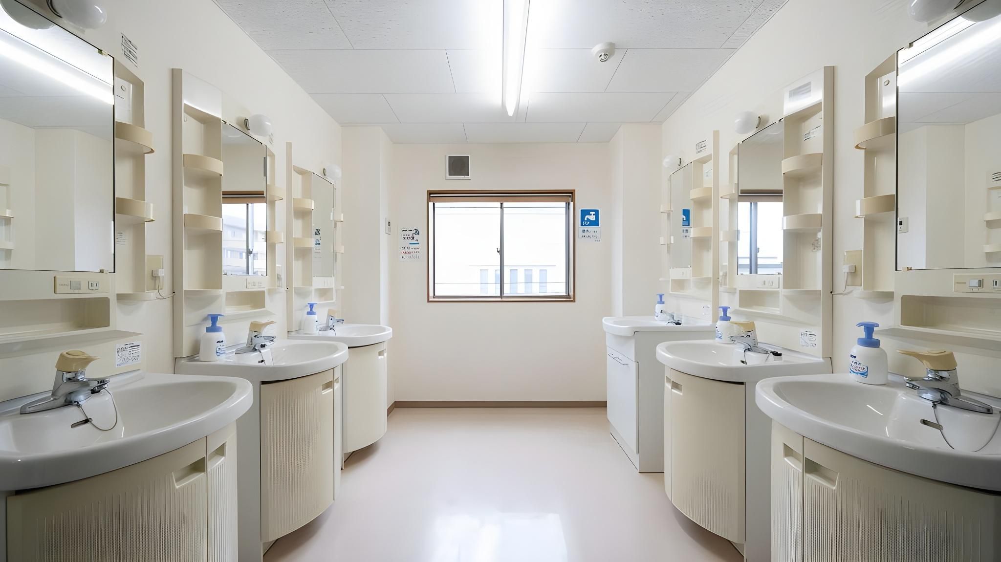 Un baño limpio y bien iluminado con dos lavamanos, espejos y ventana.