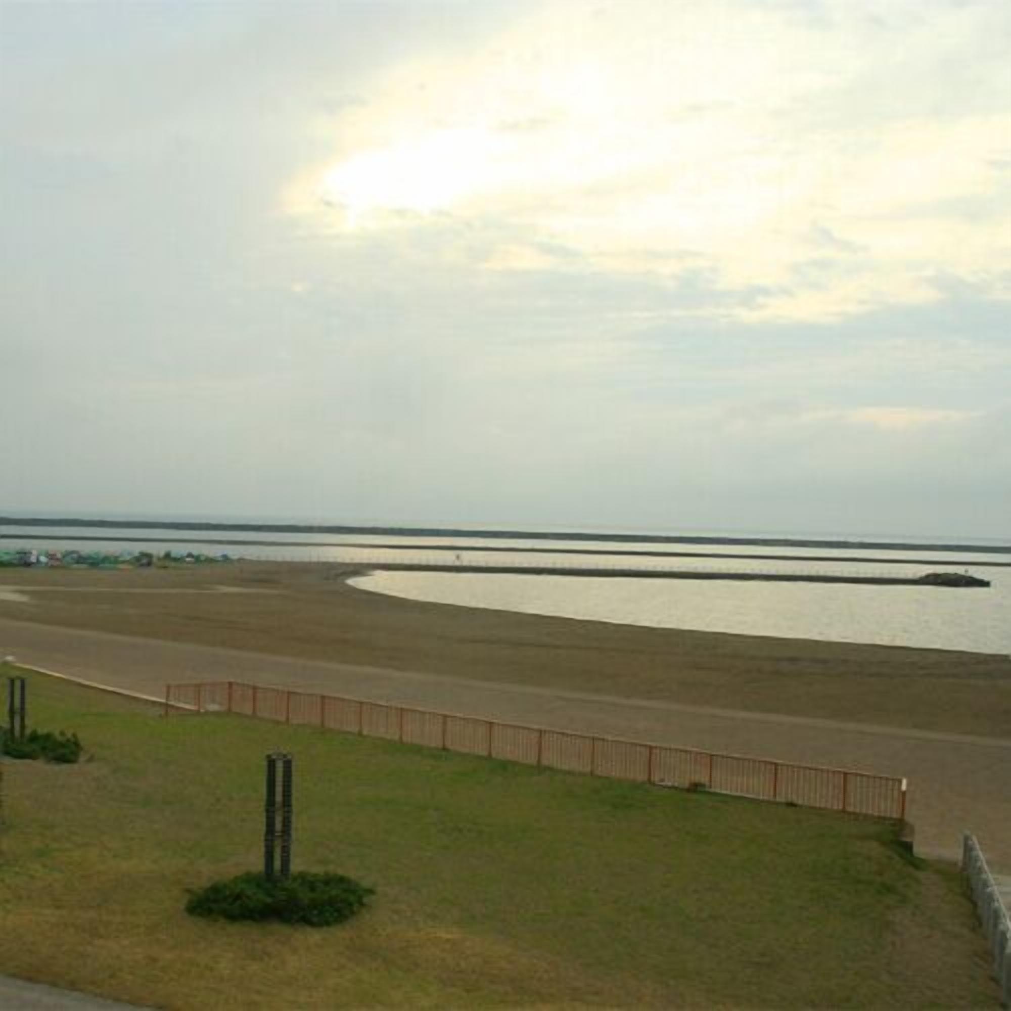 A coastal landscape with a sandy beach, a grassy area, and a fence.