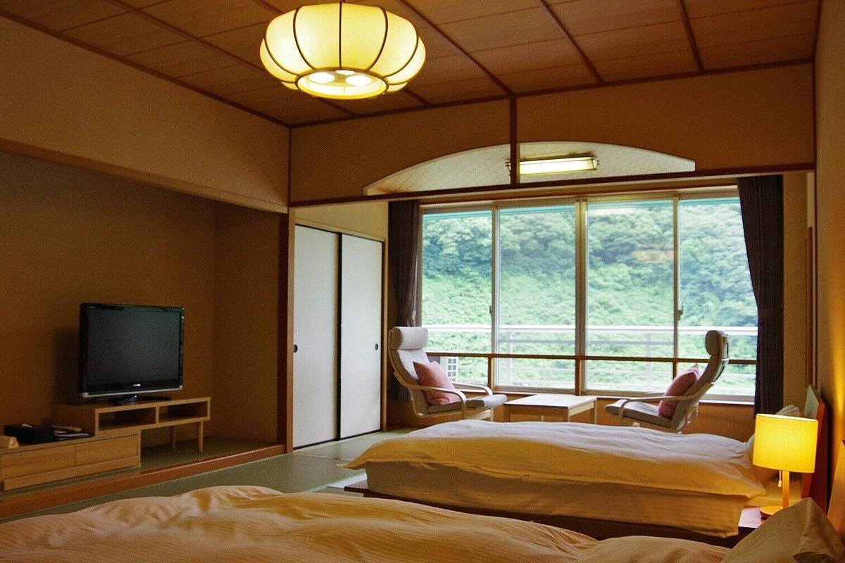 Habitación de hotel con cama, televisor, una silla y un ventanal con vistas a la vegetación.