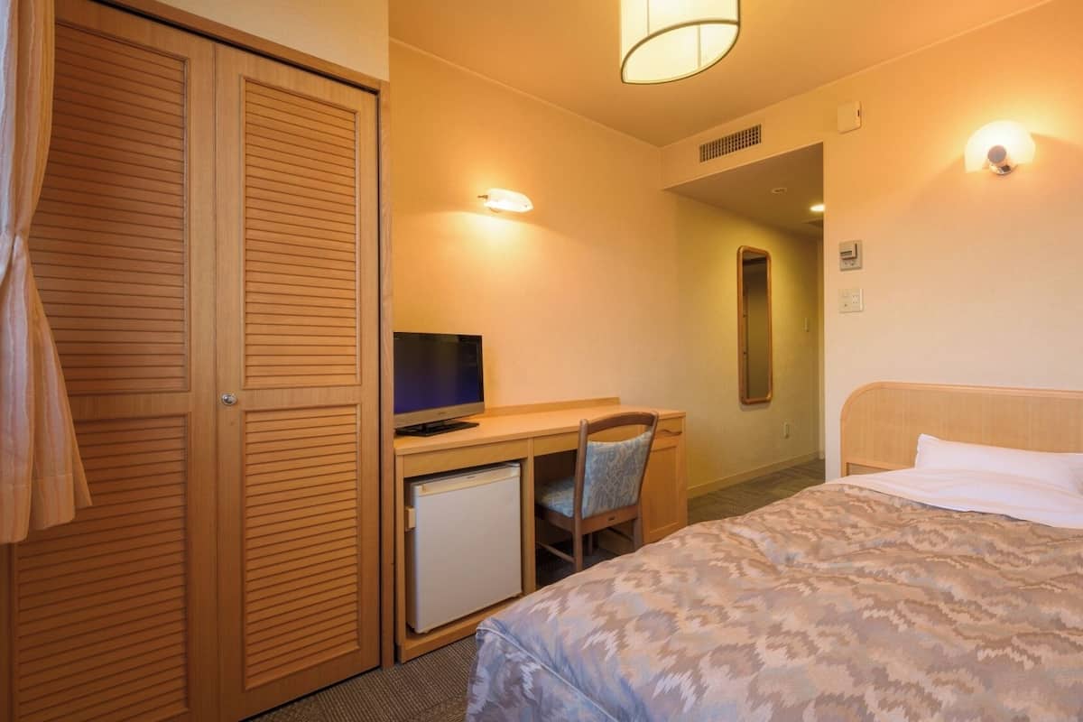 Ein Hotelzimmer mit einem Bett, einem Schreibtisch mit Fernseher, einem Sessel und einem Kleiderschrank.