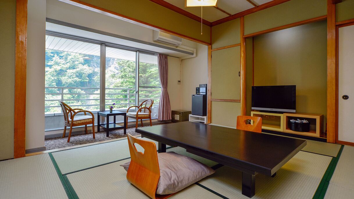 A traditional Japanese room with tatami flooring, a low table, chairs, a television, and a view of greenery outside.