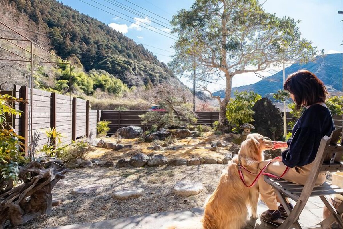 Una persona sentada en un banco con un perro en un jardín con suelo rocoso, árboles y vistas a montañas.