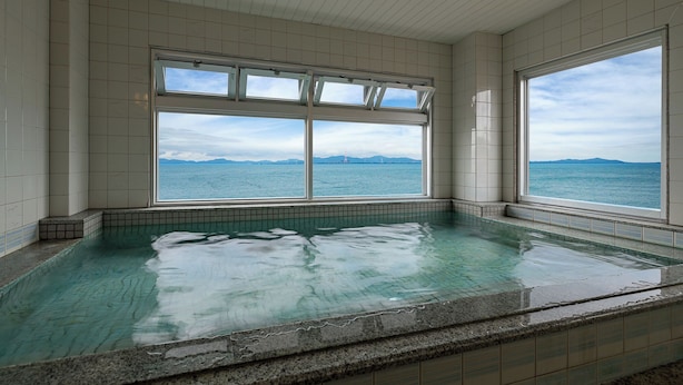 A swimming pool with a view of the sea and distant mountains.