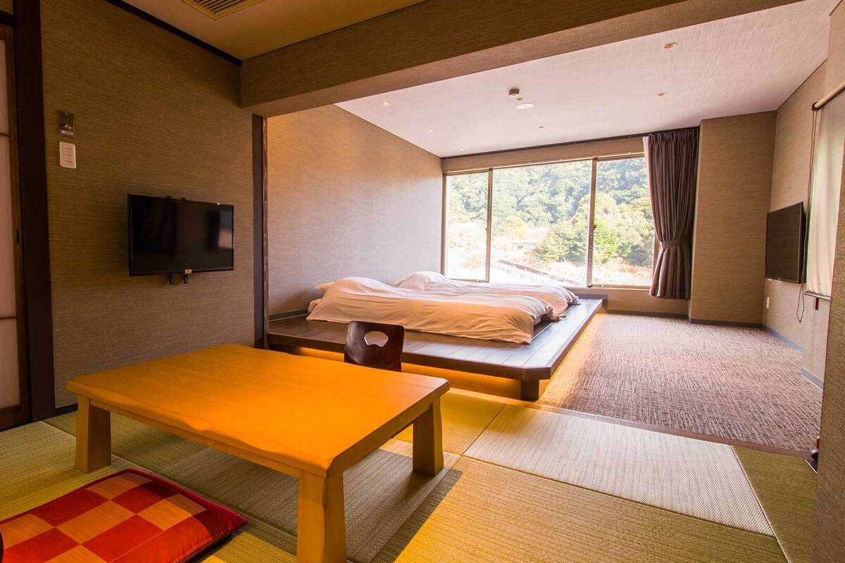 A room with tatami flooring, a low table, a bed with a view, and a TV.