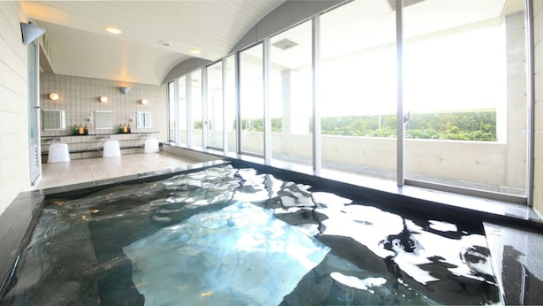 A modern indoor swimming pool with a view of greenery outside. - Toto Seawind Awaji Awajishima (Awaji)