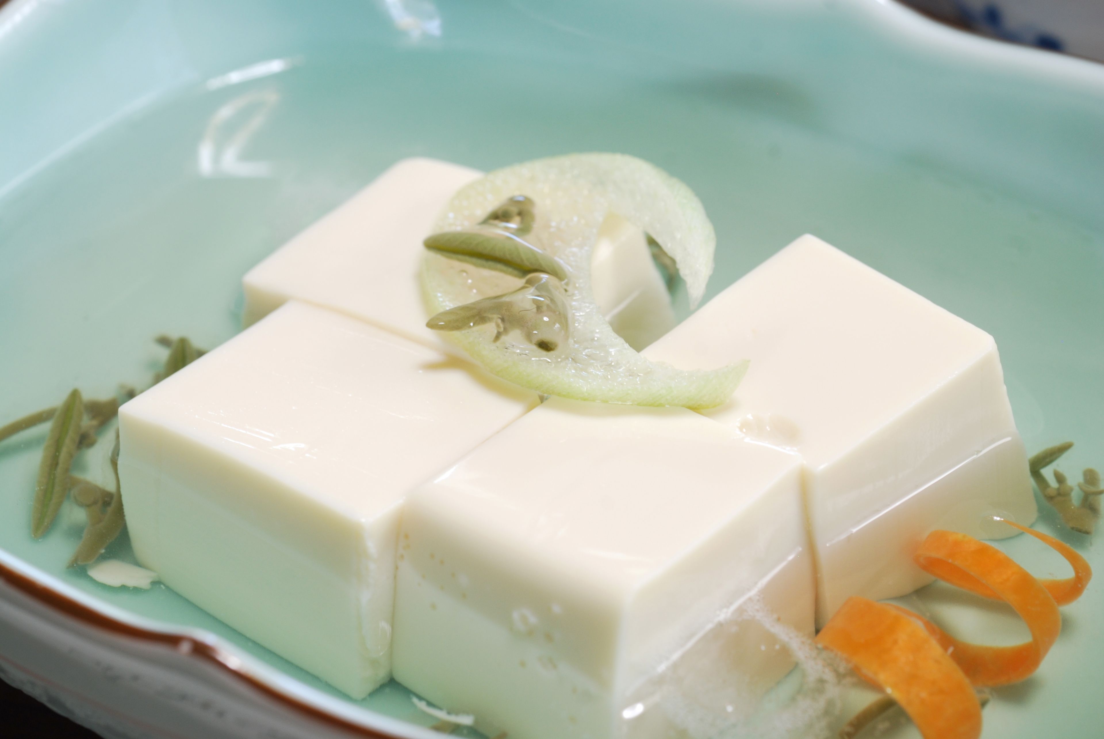 A dish with tofu cubes, a slice of cucumber, and some herbs.