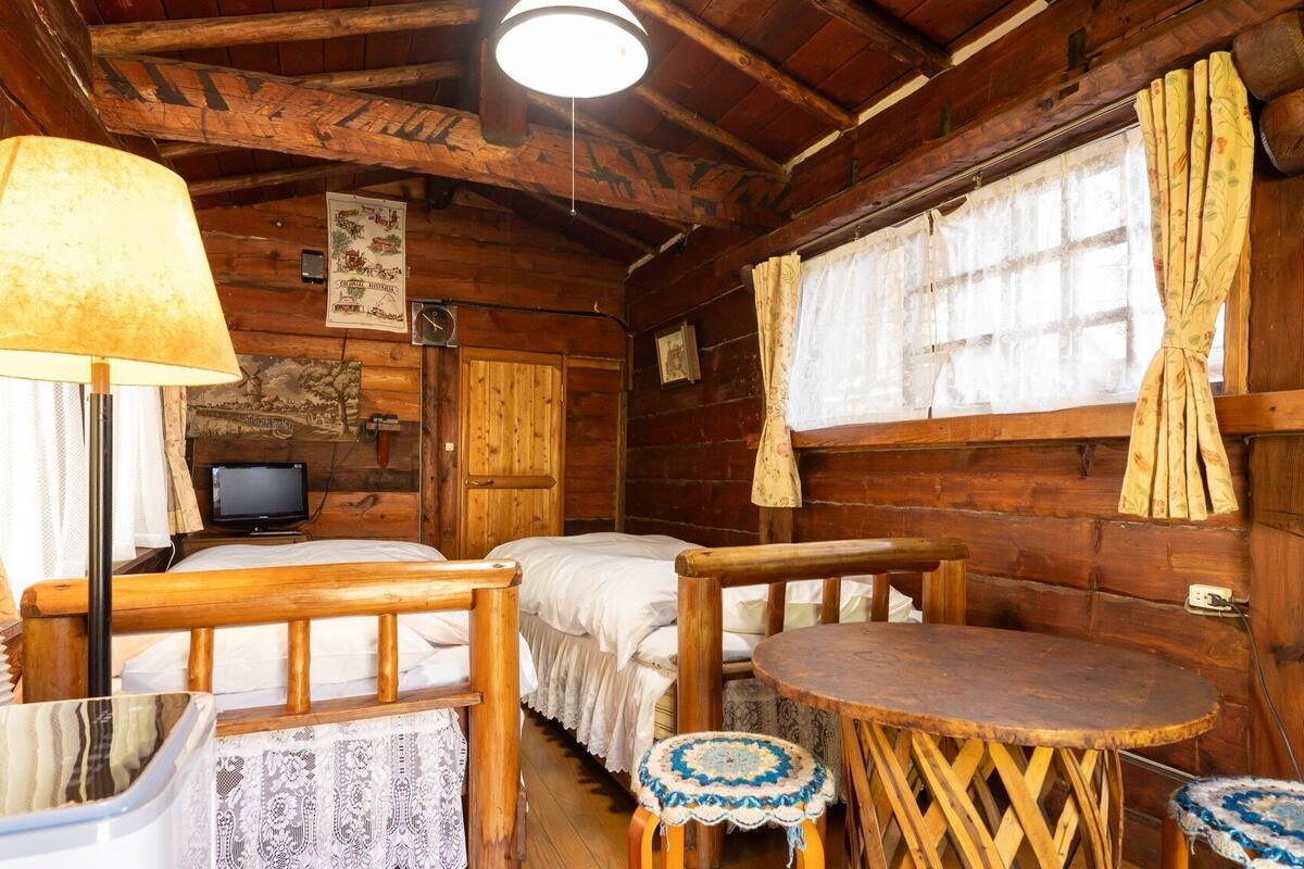 A rustic cabin with wooden walls, a bed, a table, and a television.