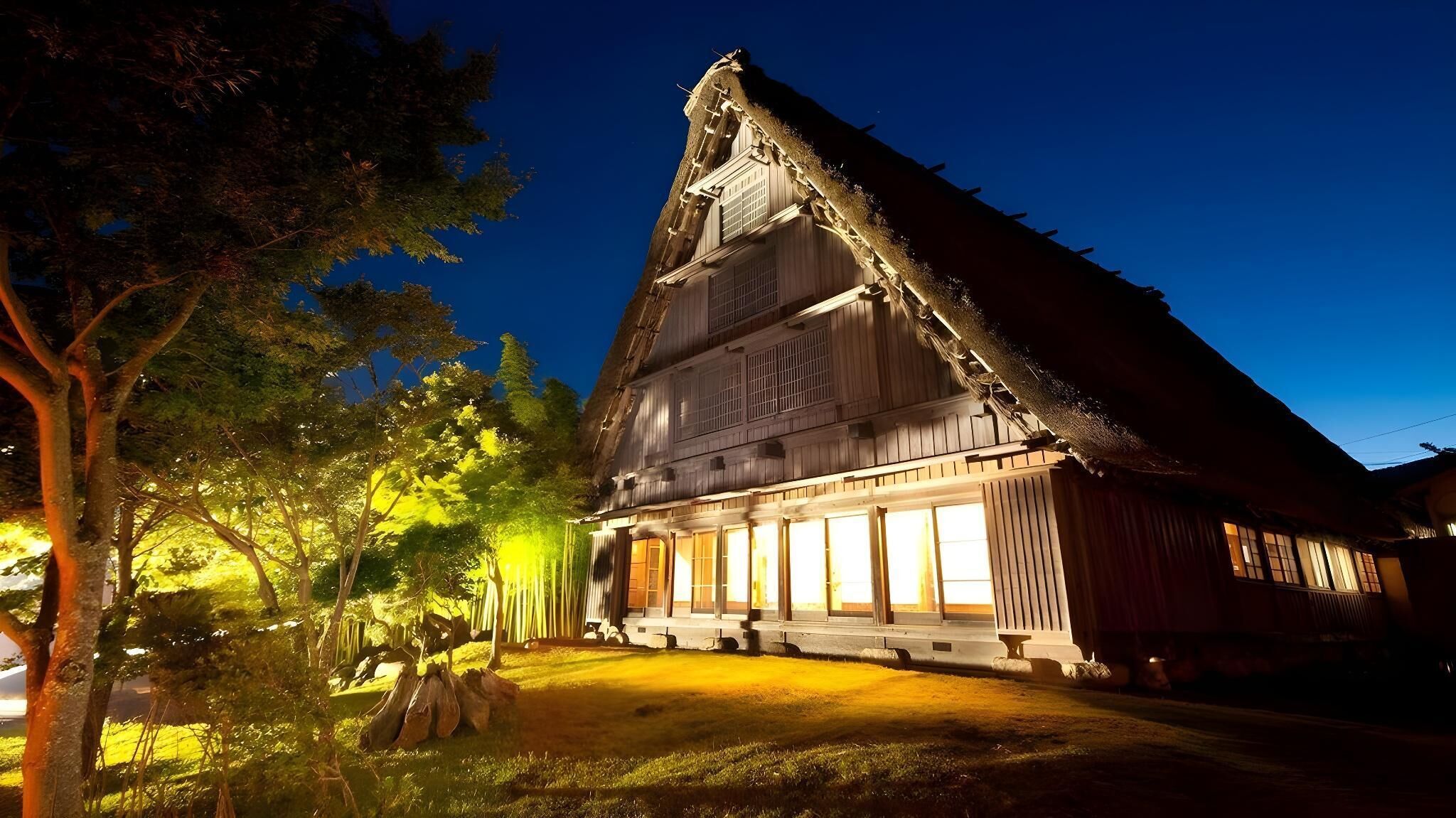 A traditional wooden house with a steeply pitched roof, large windows, and a well-lit front porch.