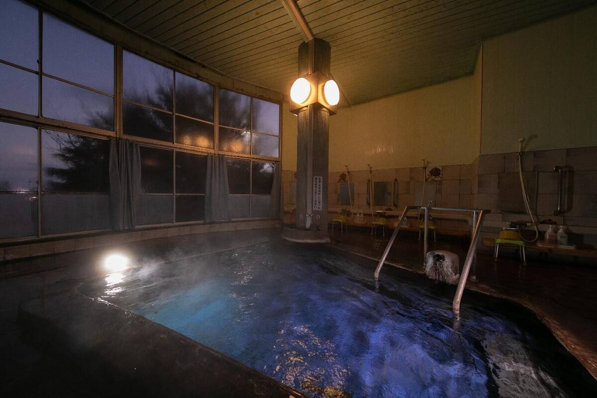 Une piscine intérieure avec vue sur les arbres à l’extérieur, un espace sauna et un mur carrelé.