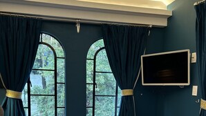 Et soveværelse med en stor seng, to vinduer med gardiner, et fladskærms-tv og udsigt til grøn vegetation udenfor.