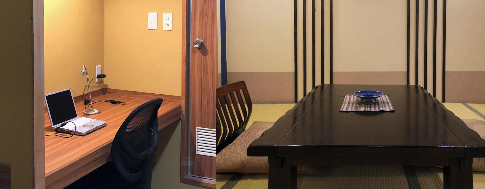 A meeting room with a wooden table, a laptop on a desk, and a chair.