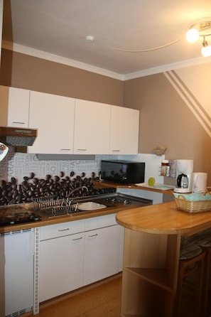 Kühlschrank, Mikrowelle, Herdplatte, Wasserkocher mit Kaffee-/Teezubehör