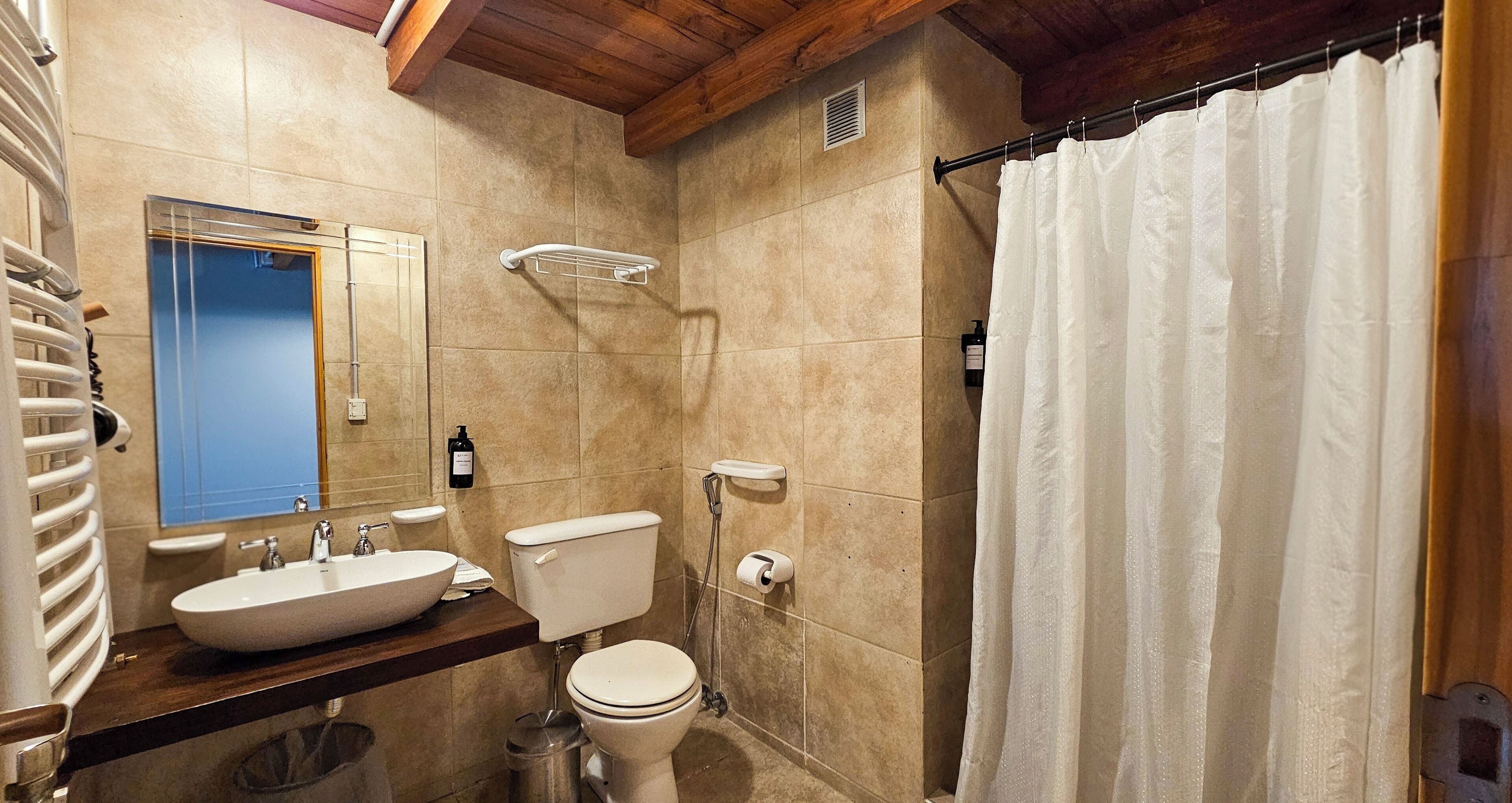 A bathroom with a sink, toilet, and shower curtain.