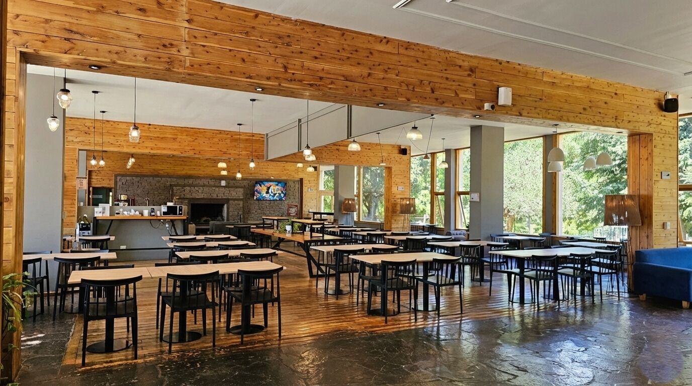 Amplio espacio interior con paredes y techo de madera, con varias mesas y sillas dispuestas para comer.