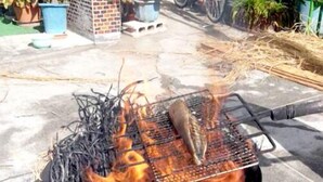 Ein Metallfass mit Grillrost, gefüllt mit glühender Holzkohle, auf der ein Fisch gebraten wird.