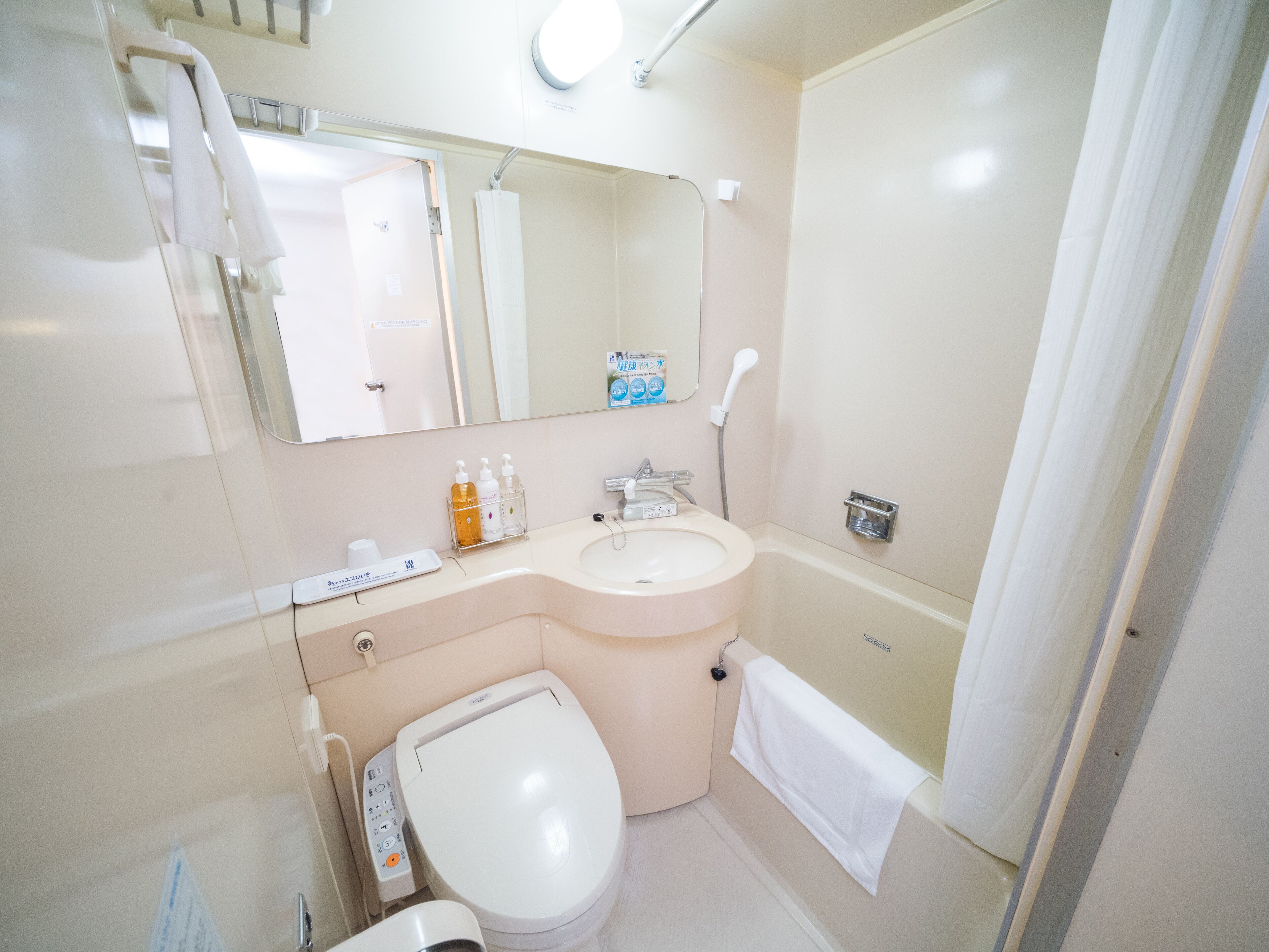 combined shower/bathtub, free toiletries, hair dryer, slippers