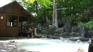 A wooden cabin with a stone pathway leading to a pool surrounded by rocks and trees. - Noji Onsen Hotel (Fukushima)