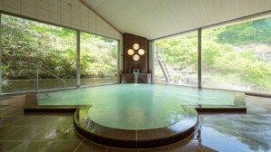 A large indoor swimming pool with a central water feature, surrounded by glass walls and large windows. - Noji Onsen Hotel (Fukushima)