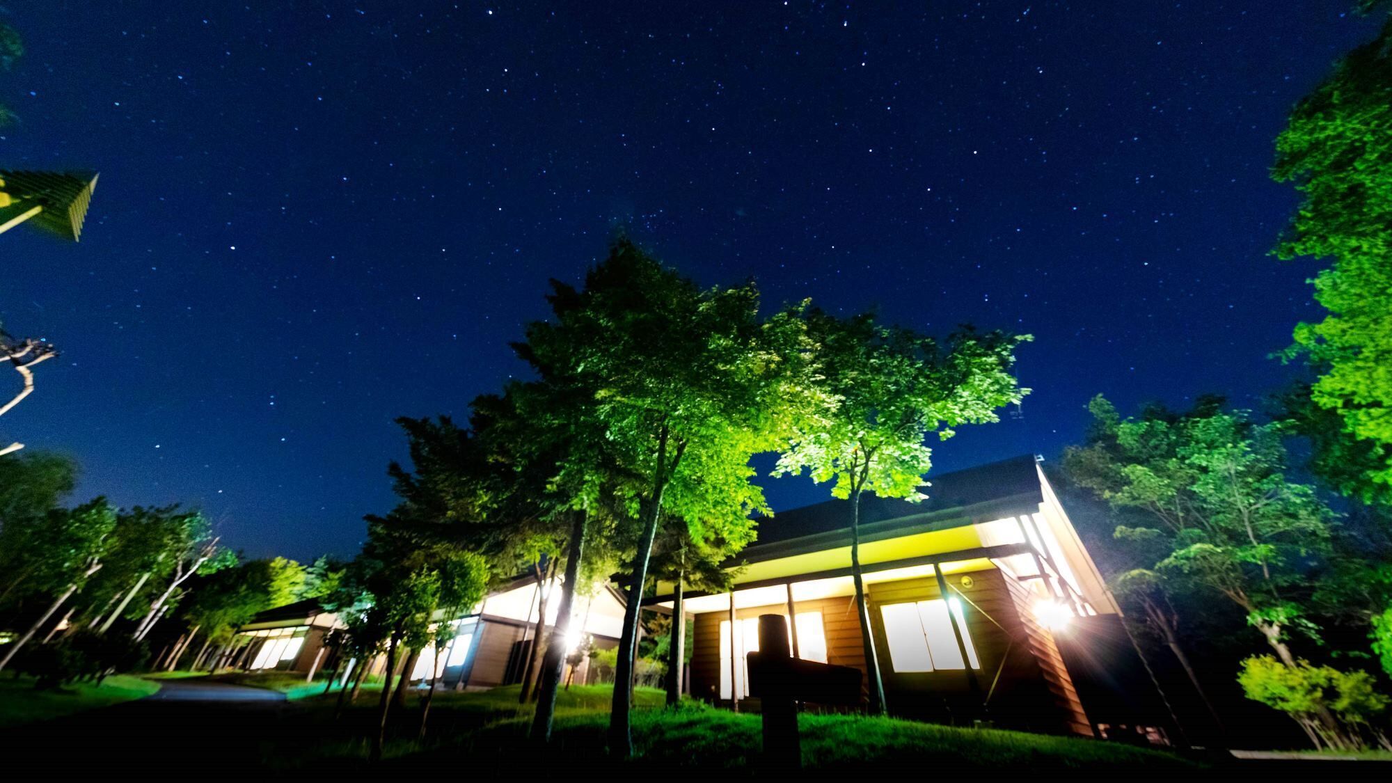 Une maison moderne dotée d’une grande fenêtre, entourée d’arbres et offrant une vue sur un ciel nocturne dégagé.
