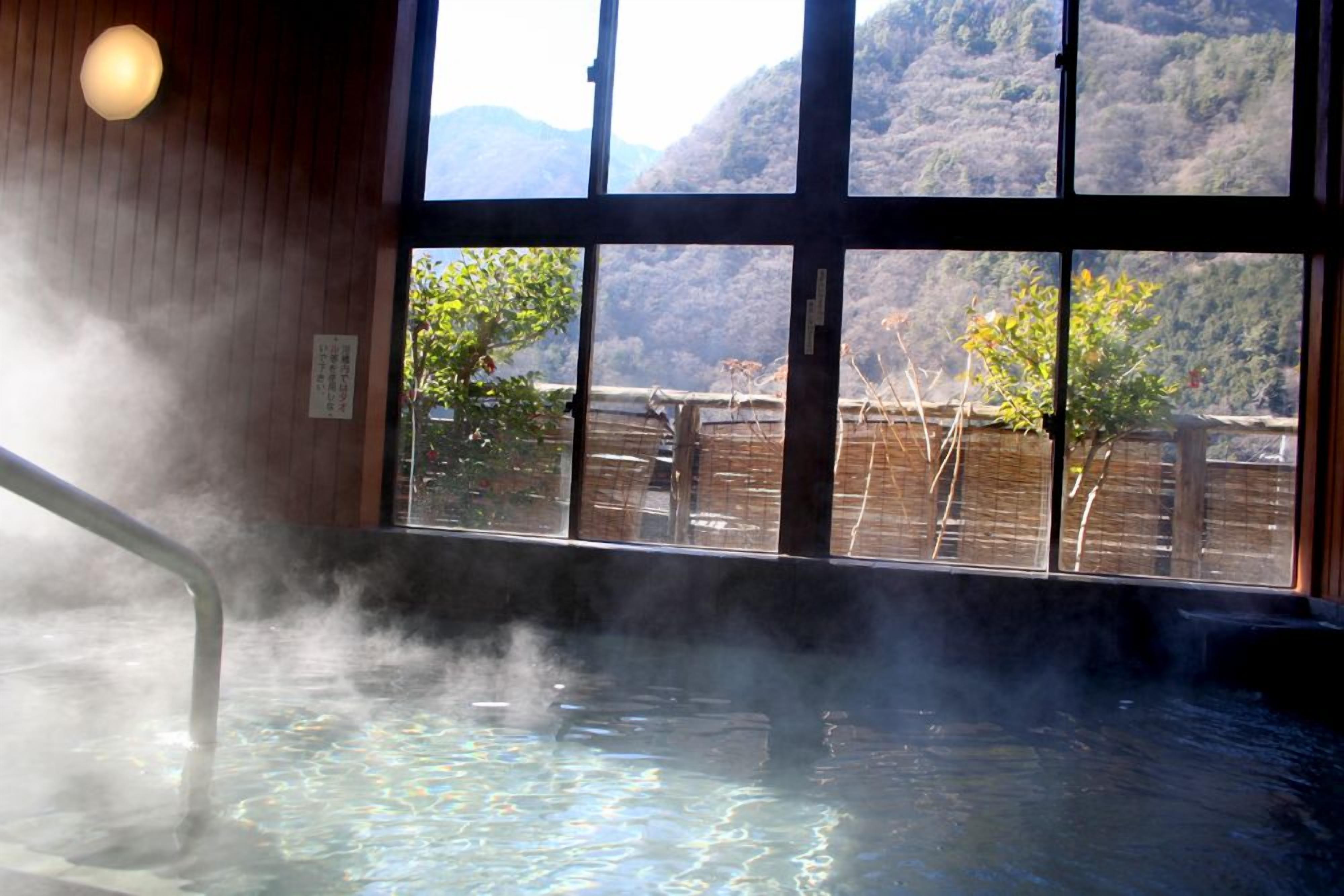A hot spring area with a wooden interior and a view of a mountainous landscape through large windows.